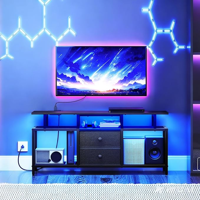 TV Stand with LED Light and Power Outlets Entertainment Center with Fabric Drawers and Open Shelves 41.7 TV Cabinet for TVs up to 45 Inch Media Console for Living Room Bedroom DS03UDBB