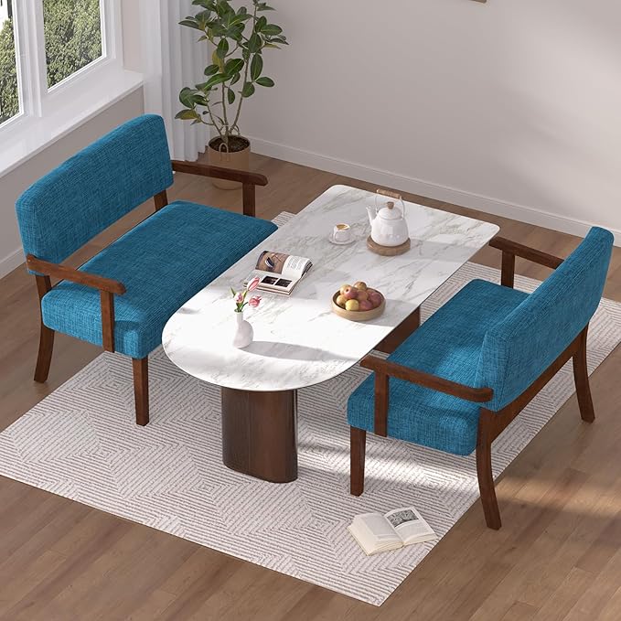 Accent Chair 2 Seat Upholstered Reading Leisure Chair Bench with Solid Wood Frame for Dining ReadingWaiting Rooms (Blue)