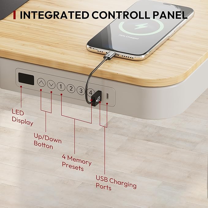 Standing Desk with Drawer Electric Height Adjustable Home Office Desk with Storage &amp USB Ports 48 inch Bamboo Texture Tabletop/White Frame