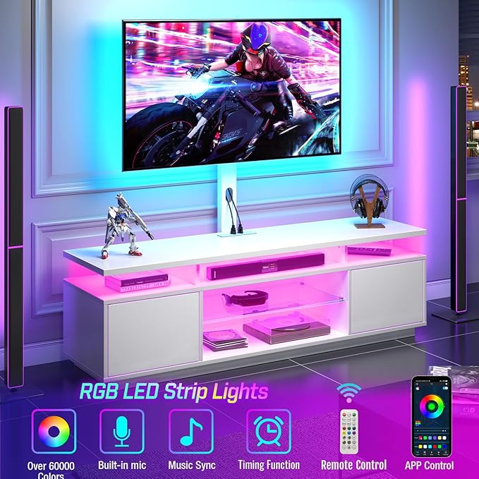 Rolanstar TV Stand with Mount and Power Outlet 51.2 Swivel TV Stand Mount for 32/45/55/60/65/70 inch TVs Height Adjustable Modern Entertainment Center with Storage &amp LED Lights TV Table White