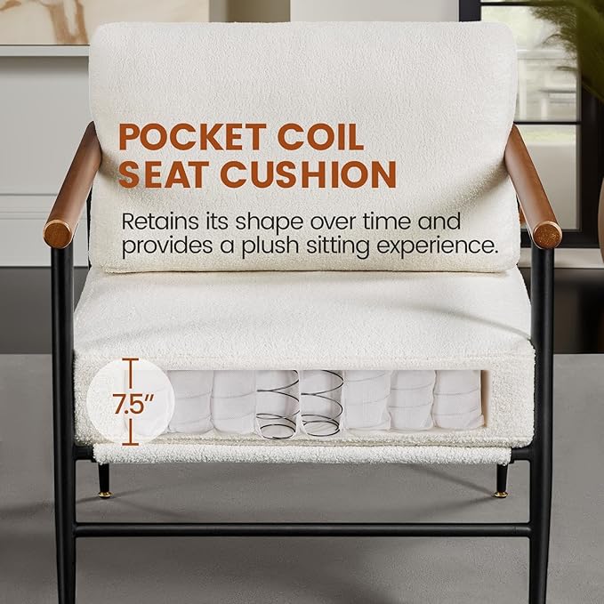 Yaheetech Accent Chair Modern Vanity Chair Boucle Fabric Lounge Chair with Metal Frame Plush Back Pillow and Seat Cushion Pocket Coil Seat for Living Room Bedroom Makeup Room Ivory