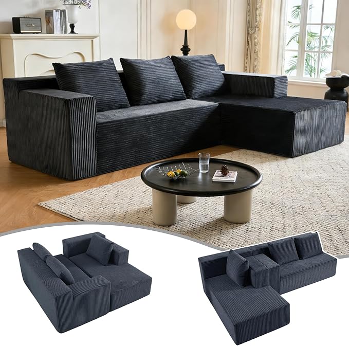 Modular Sectional Sofa L-Shape Couch Upholstered Boneless Corduroy Fluffy Couch for Living Room Deep Seat with Pillow Backrest No Assembly Required (Grey Right Facing Chaise) | Friendly Size Flex