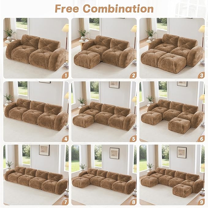 Boneless Couch Sectional Couches for Living Room 110.6'' Cloud Couch with Deep Seat Comfy Soft Velvet Modular Sectional Sofa Modern Oversized 3-Seater Boneless Sofa No Assembly Camel
