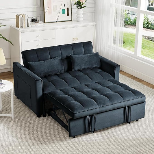 Rovibek 3 in 1 Sleeper Sofa Bed 53'' Pull Out Couch Convertible Futon Loveseat with Adjustable Backrest Velvet Sleeper Chaise Lounge Futon for Apartment Office Small Space Black