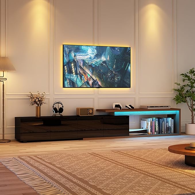 Extendable TV Stand with LED Light Modern Entertainment Center for up to 120 Inch TV Wood TV Media Console with 2 Drawers &amp 2 Cabinets for Living Room Bedroom 75-110 High Gloss Black &amp W