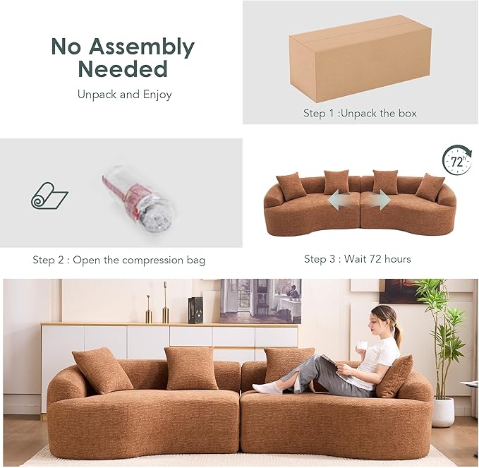 Oversized Sectional Sofa for Living Room 110 Modern Luxury Chenille 4-Seater Extra Deep &amp Wide Seat Curved Cloud Couch with 4 Throw Pillows No Assembly Needed Cream Camel