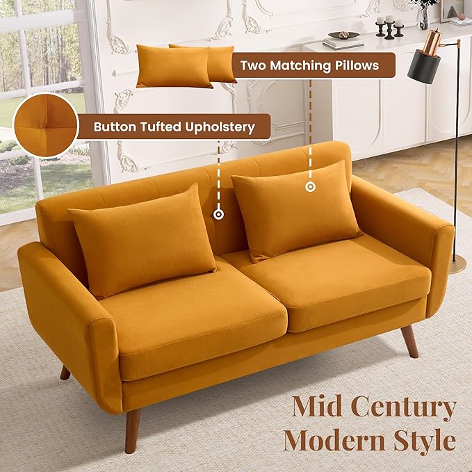 Tbfit 65 W Loveseat Sofa Velvet Mid Century Modern Love Seat Couches for Living Room Button Tufted Upholstered Small Couch for Bedroom Solid and Easy to Install Love Seats Furniture Yellow