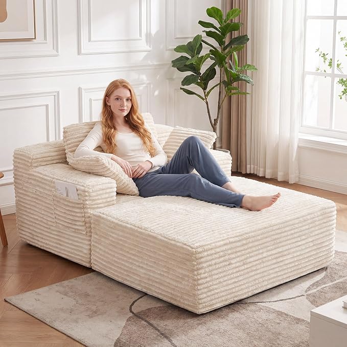 Boneless Chaise Lounge Chair Indoor with Ottoman 67 Inch Oversized Corduroy Couch Compressed Sofa Bed Couches for Living Room Bedroom Guest Room No Assembly Required Off-White