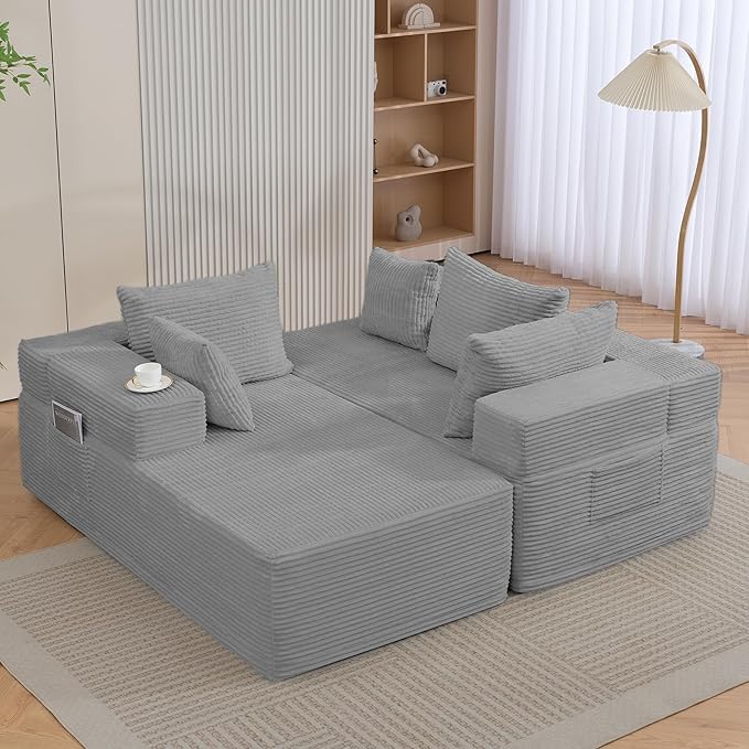 105'' Cloud Sectional Couch Modular L-Shaped Boneless Sectional Sofa Corduroy Deep Seat Couch Small Space Sofas for Living Room Bedroom Apartment No Assembly Grey