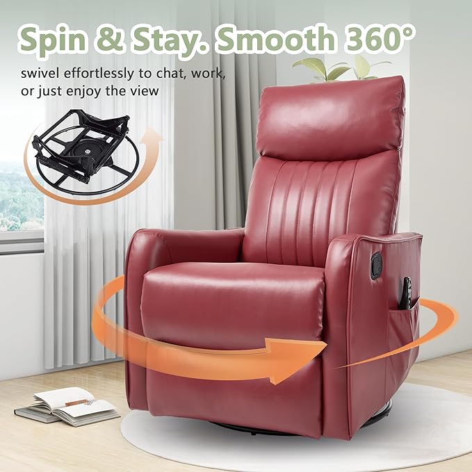 cinkehome Heated Massage Swivel Rocker Recliner Chair for Nursery - Small Space Reclining Chair with Lumbar Support 360° Swivel &amp Gentle Rocking Ergonomic High Back Faux Leather Red