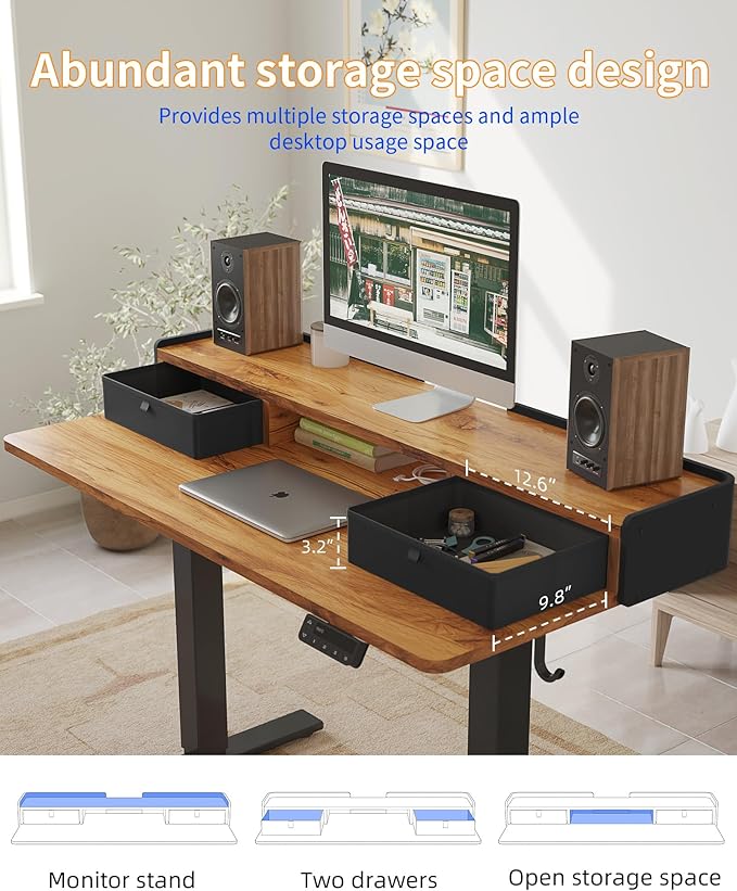 YIHAYO Electric Standing Desk with Drawers 48 x 24 Inches Adjustable Desk with Storage Shelf Stand Up Desk with Splice Board Computer Table for Home Office Black Frame/Rustic Brown Top