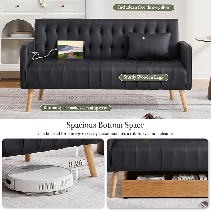 Black Leather Loveseat and Accent Chair Small Couch w/USB Charging &amp Pockets Mid Century Modern Tufted Love Seat and Chair Set Mini Office Sofa for Living Room Apartment