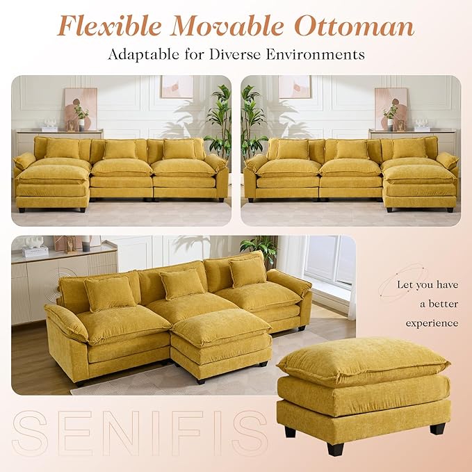 Modular Sectional Sofa 119 L Shaped Couch Set with Movable Ottoman Chenille Comfy Cloud Couch Sectional Set Extra Deep Seat Sofa with 3 Pillows for Living Room (Yellow 3-Seat &amp 1-Ottoman)