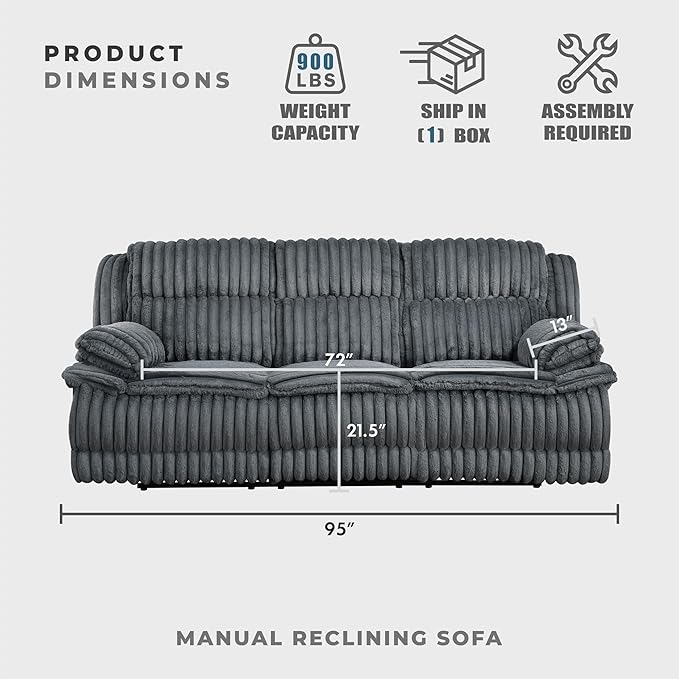 Lexicon Manual Double Reclining Sofa Corduroy Manual Wall Hugger Recliner Couch Pillow Top Arms Plush Foam Cushions Over Pocket Coils Cozy Reclining Sofa for Living Room Dark Gray
