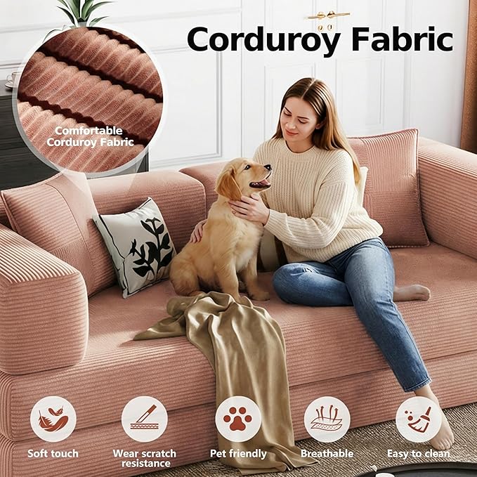 78.8’’ Boneless Sleeper Sofa BedConvertible Futon Couch with Storage Pocket and 2 PillowsModular Corduroy Sofa for livingroomSmall speacePink