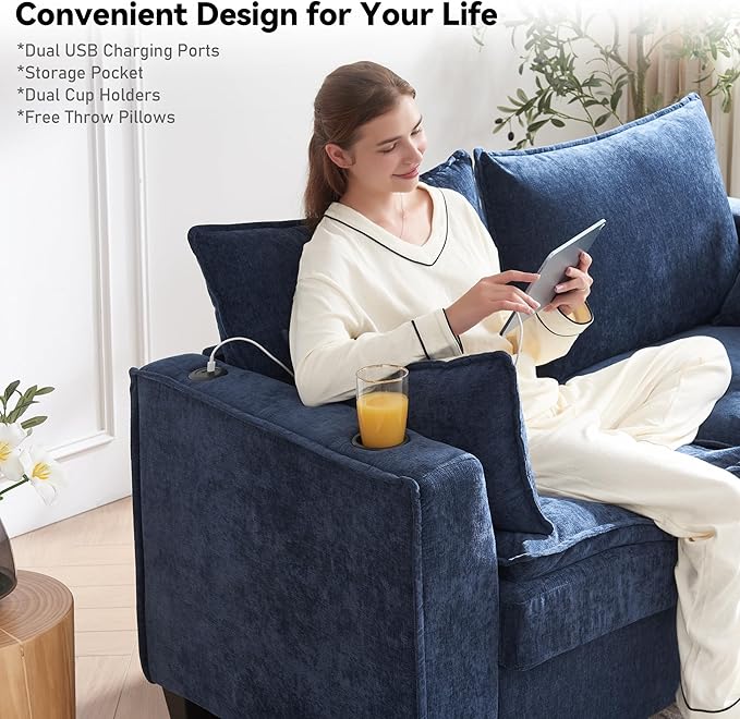 Brelice 65 Pull Out Sofa Bed Sleeper Sofa Couch 2-in-1 Convertible Chenille Loveseat with USB Charging Port and Memory Foam Mattress Full Size Pullout Bed for Living Room Apartment or Office