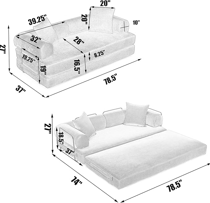MYFUNSHOP Sleeper Sofa Bed4-in-1 Convertible Folding Boneless CouchFoldable Love Seat with Pillow Corduroy Floor Futon Couch for Living RoomBedroomLounge Studio