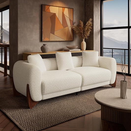 Morden Fort Boucle Sofa Modern Upholstered Cloud Couch Durable Comfy Boucle Pet-Friendly Sofa Deep Seat with Wooden Leg &amp Pillow Sofas 3 Seater Couches for Living Room Bedroom Apartment Beige