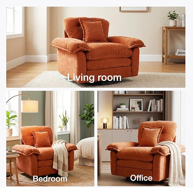 360° Swivel Accent Chair Oversized Plush Modern Chenille Armchair with Padded Seat &amp Back Comfy Spinning Chair for Living Room Bedroom Office (Orange)