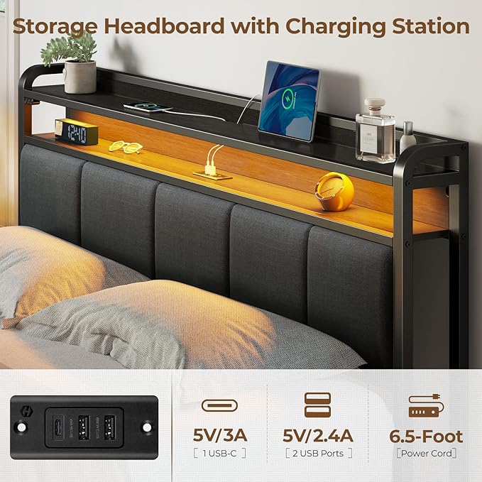 Rolanstar Queen Bed Frame with LED Lights Upholstered Headboard Charging Station Storage Shelves Heavy Duty Metal Slats No Box Spring Needed Noise Free Easy Assembly Dark Grey