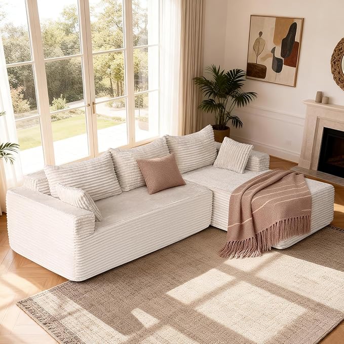PARKOL 105 Cloud Sectional Couch with L-Shape ChaiseModern Modular Sofa with Deep Seat Upholstered Couches for Living Room BedroomNo Assembly Required Beige(Plush Corduroy Fabric)