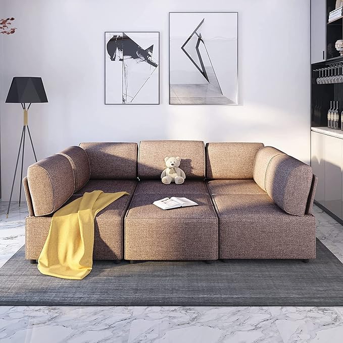 Mjkone 120 Inch U Shaped Sectional Couches for Living Room Convertible L Shaped Sectional Sofa with Ottoman Oversized Sleeper Sofa Linen Fabric Deep Modular Sectional Sofa 6PCS Dark Brown