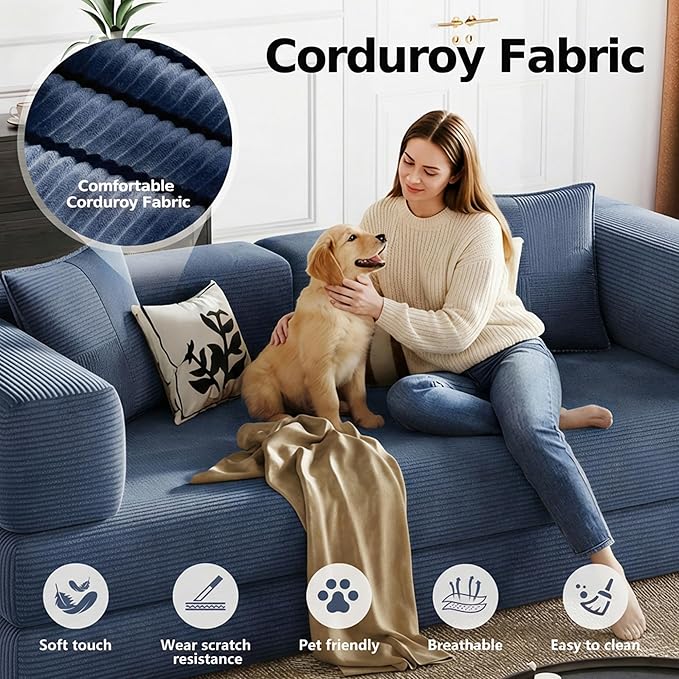 78.8 Boneless Sleeper Sofa BedConvertible Futon Couch with Storage Pocket and 2 PillowsModular Corduroy Sofa for livingroomSmall speaceBlue