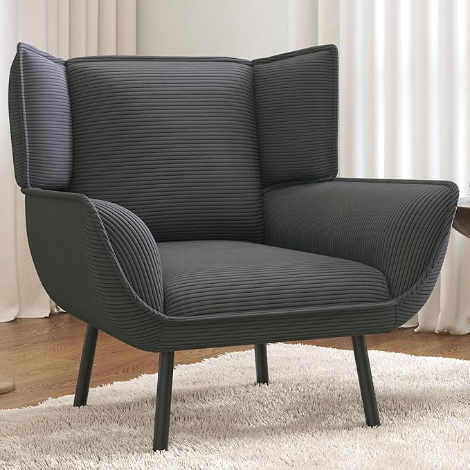 AMERLIFE Accent Chair- Upholstered Living Room Chair with High Wingback Grey Reading Armchair for Bedroom Comfy Corduroy Chair