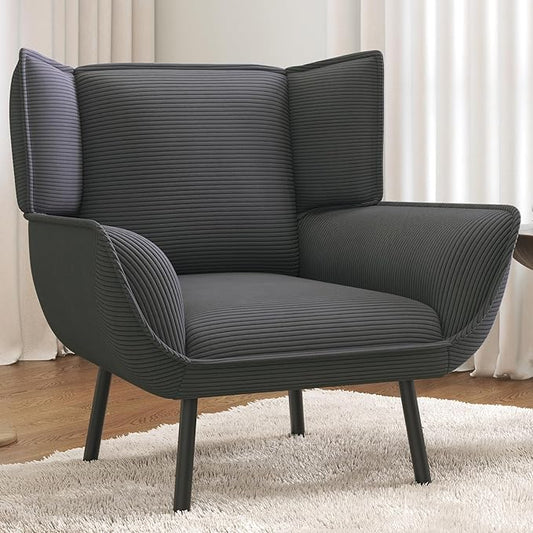 AMERLIFE Accent Chair- Upholstered Living Room Chair with High Wingback Grey Reading Armchair for Bedroom Comfy Corduroy Chair