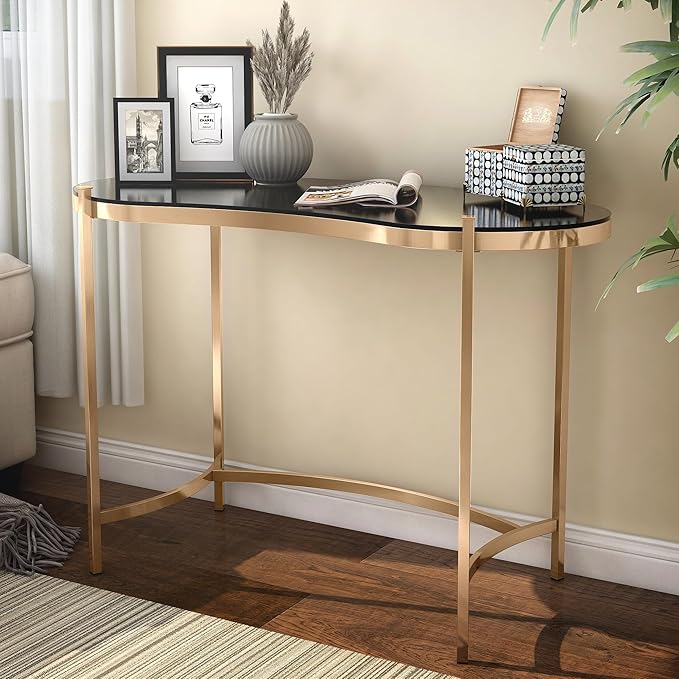 24/7 Shop at Home Rin Modern Metal Desk with Glass Top for Workstation Home Office Study Room Gold
