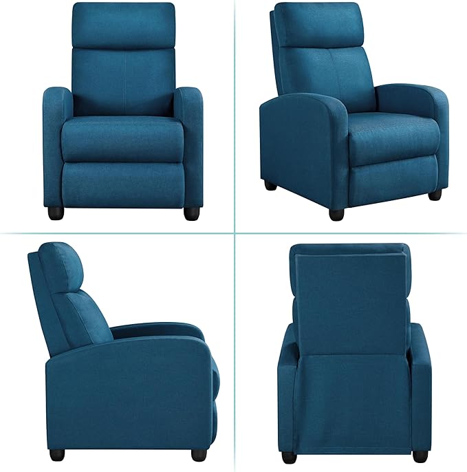 Yaheetech Fabric Recliner Sofa Modern Single Recliner Sofa Home Theater Seating with Thick Seat Cushion Backrest and Pocket Spring Blue