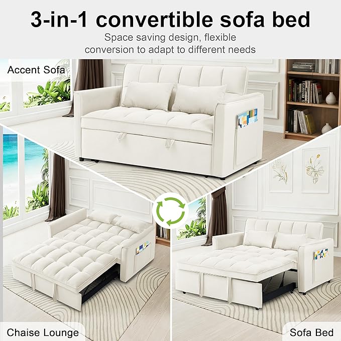 Convertible Sofa Bed 3 in 1 Sleeper Sofa with Adjustable Backrest Pull Out Couch Loveseat with 2 Pillows &amp Side Pockets for Living Room Bedroom Apartment 55 Velvet | Beige