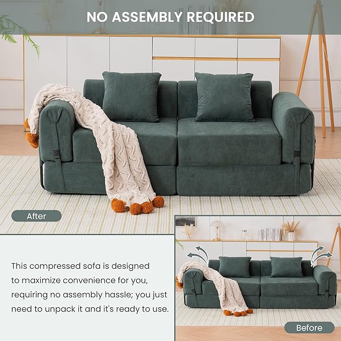 71'' Convertible Sofa Bed with Storage Pocket - Boneless Loveseat with Fixed-Shape Frame - Loveseat Sofa Bed with Pillow Support Folding Couch for Living Room Office Bedroom (Green)