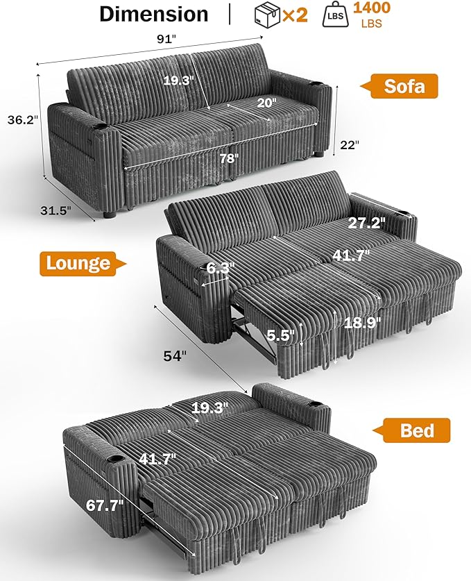 Sunny Heart 91 Plush Corduroy L Shaped Sectional Sleeper Sofa Bed with Pull Out Bed Reclining Backrest Reversible Storage Chaise USB Ports Cup Holders Tool Free Assembly Darke Grey