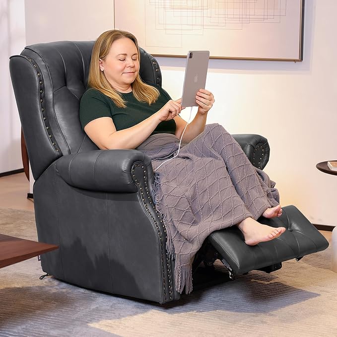 EONIX Dual Motor Lay Flat Power Recliner Chair Mid Century Wingback Recliner with Independent Adjustable Backrest and Extended Footrest 400lbs Heavy Duty Breathable Faux Leather Black