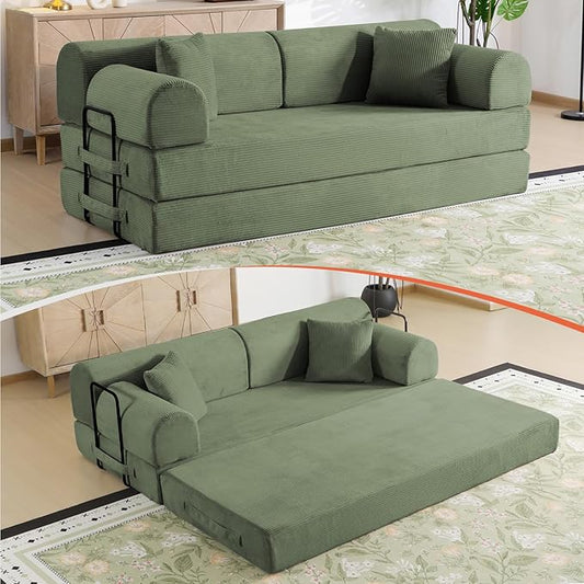 78.8 Boneless Memory Foam Couch Corduroy Convertible Floor Sofa Bed Fold-Out Sleeper Futon Loveseat Wide Armrests &amp Supportive Back 1200 lb Couch in a Box 2 Pillows Light Green