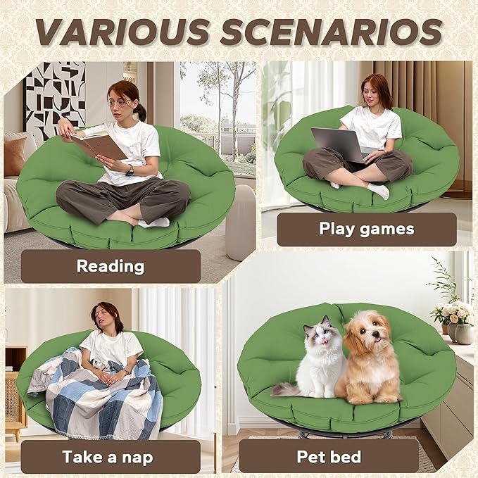 46'' Large Size Papasan Chair (Non-Swivel) with Cushion and Frame Lazy Chair for Living Room and Bedroom Green