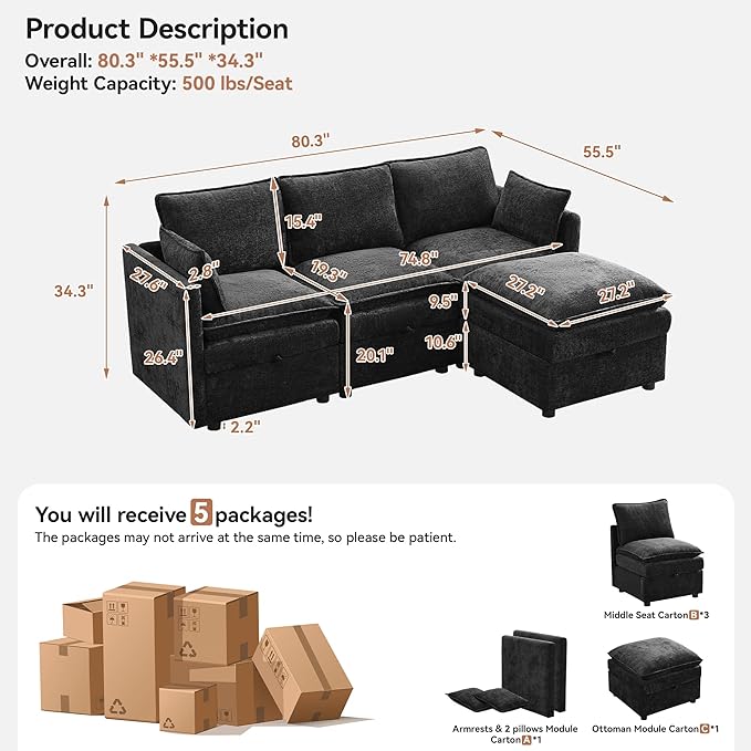80 Cloud 3 Seater Sectional Modular Couch with Storage Ottoman Upholstered Storage Sofa Modern Couch Deep Seat Chenille L Shape Sofa Comfy Couches with Armrests for Living Room Small Space Black