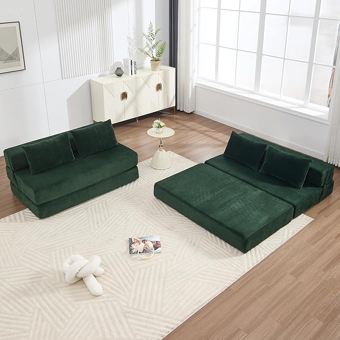 GNIXUU Fold Out Couch 3-in-1 Convertible Futon Sofa Bed with 2 Pillows Corduroy Foldable Floor Chair Boneless Loveseat Couches for Living Room Bedroom Small Spaces Green