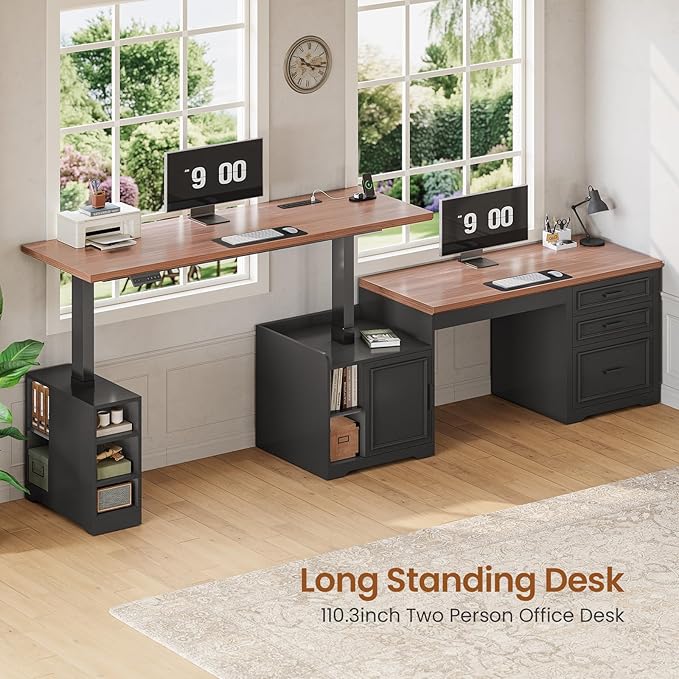 SEDETA Farmhouse L Shaped Electric Standing Desk 63 x 67 Height Adjustable Home Office Executive Desk with Drawers and Shelves Standing Computer Desks with Power Outlet for Home Office Black