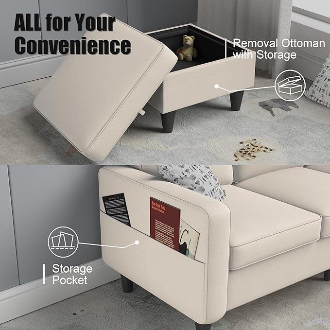 ZeeFu Couch for Living Room - 78'' Beige Linen 3 Seat L-Shaped Sectional Sofa Couches with Storage Ottoman - Modern Small Space Upholstered Furniture Sofa Set for Office Small Space Apartment