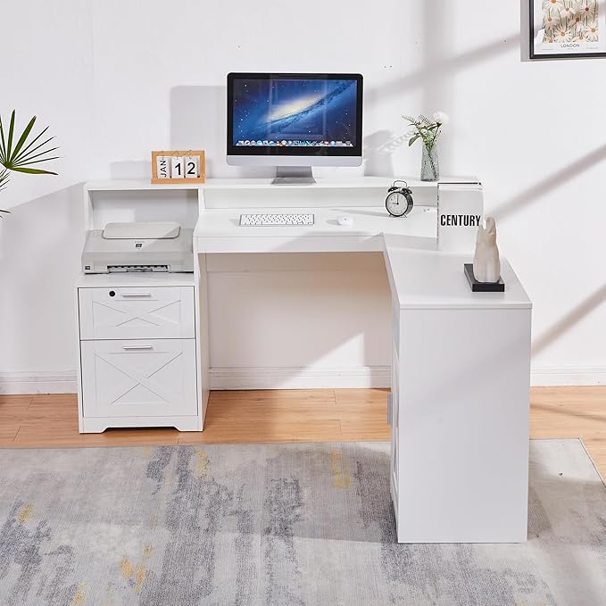 60 L Shaped Executive Desk with Printer SpaceCorner Computer Desk with Power OutletsLockable Drawers &amp Adjustable File CabnetL Shaped Office Desk with Monitor Stand (White)