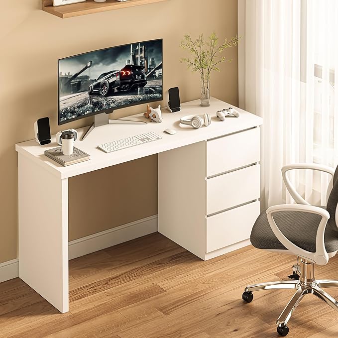 furtble White Desk with Drawers 53'' W Home Office Computer Desk Gaming Table Modern Vanity Desk with Storage Wood Writing Workstation for Bedroom Living Room