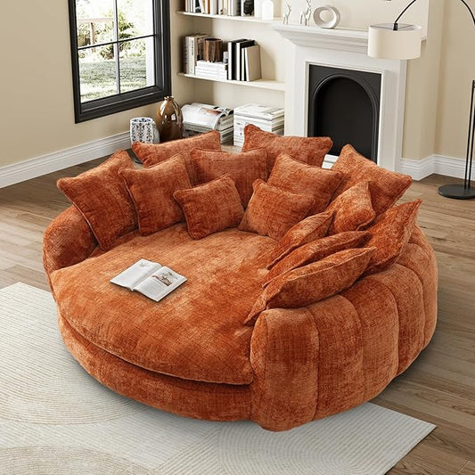81 Round Sofa Bed Big Bean Bag Round Chaise Lounge Oversized Round Couch Boneless Reading Chair Plush Fluffy Chenille Large Chaise Chair for Living Room Bedroom Apartment Orange
