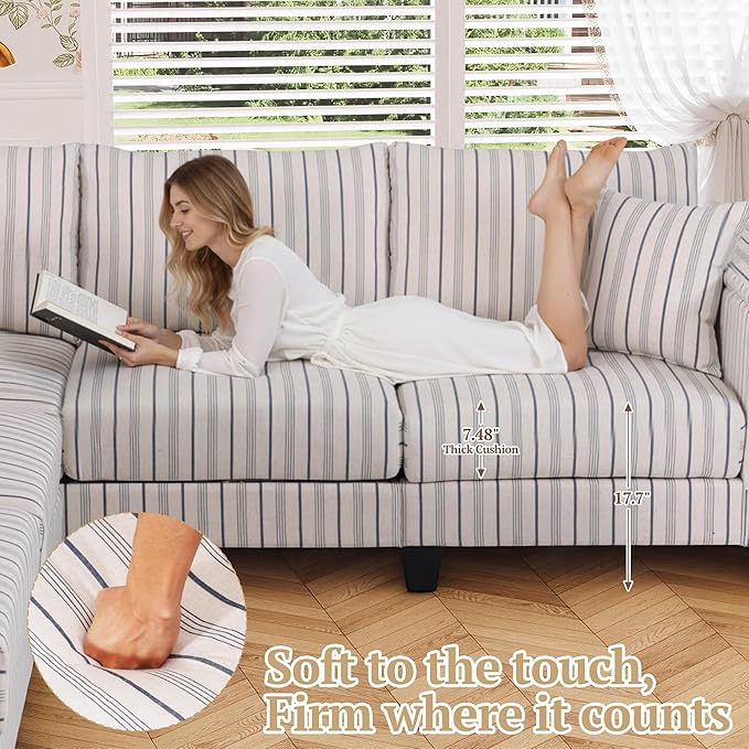 97 Stripe Pattern Sectional Corner Sofa with Storage Armrests &amp 2 Pillows Oversized Modular Couch V-Shape Sofa Upholstered L-Shape Couch 5-Seat Sectional for Living Room Apartment Bedroom