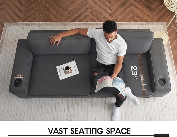 VanAcc Couch Sofa Chair with Storage Ottoman Modern Couch with Cup Holders &amp USB Charging Ports Deep Seat Sofa for Living Room(Charcoal Grey Chenille)