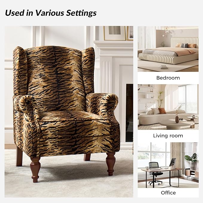 HULALA HOME Wingback Accent Chair with Animal Print Pattern Traditional Fabric Armchair with Nailhead Trim and Retro Wooden Legs Tiger