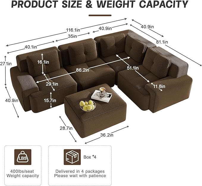 Oversized Modular Sectional Sofa Modern V Shaped Corner Boneless Couch with Ottoman Comfy 5 Seater Cloud Sleeper Sofa with Deep Seat Customizable Layout Couches for Living Room Apartment Brown