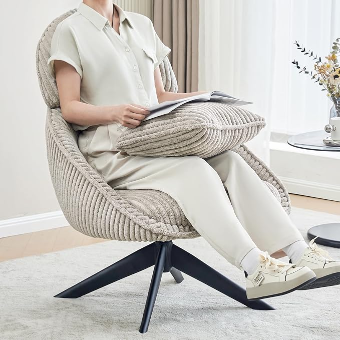 Furniliving Modern Living Room Chair Swivel Accent Chair for Living Room Desk Chair with Arms Bedroom Chair with Headrest Sofa Chair Side Chair with Pillow ArmchairCorduroy Grey