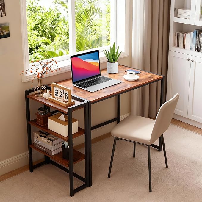 CABIHOME Folding Computer Desk Writing Computer Desk with Storage Shelf 35 Inch Spaces Saving Writing Sturdy Table No Assembly Home Office Bedroom Dorm Apartment Brown